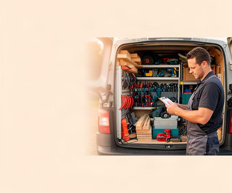 Tradesperson reviewing job costs beside a work van filled with tools and materials