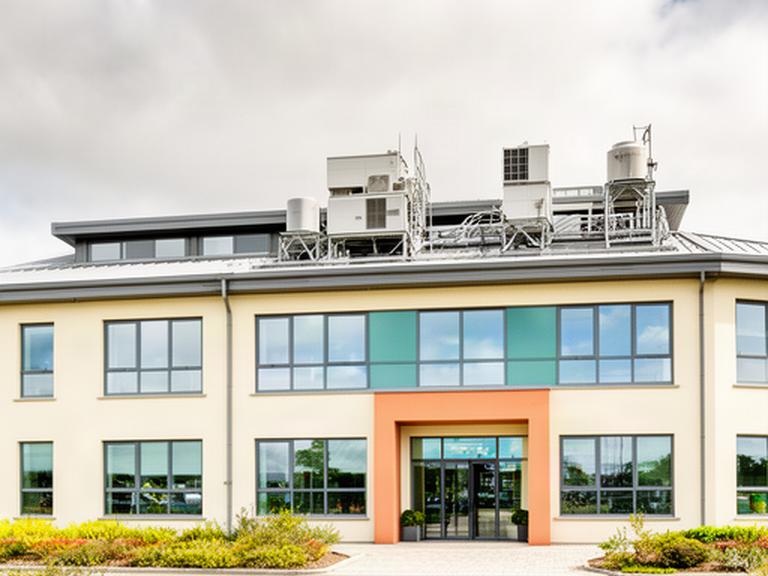Bright commercial building in Port Laoise with office windows, rooftop equipment and a clean entrance